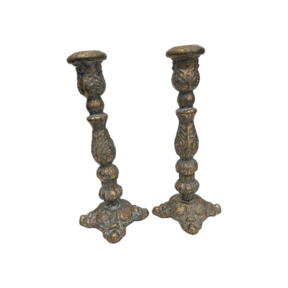 Baroque Rococo Candlestick Candle Holder Pair Brass Verdigris 8.5" Ornate